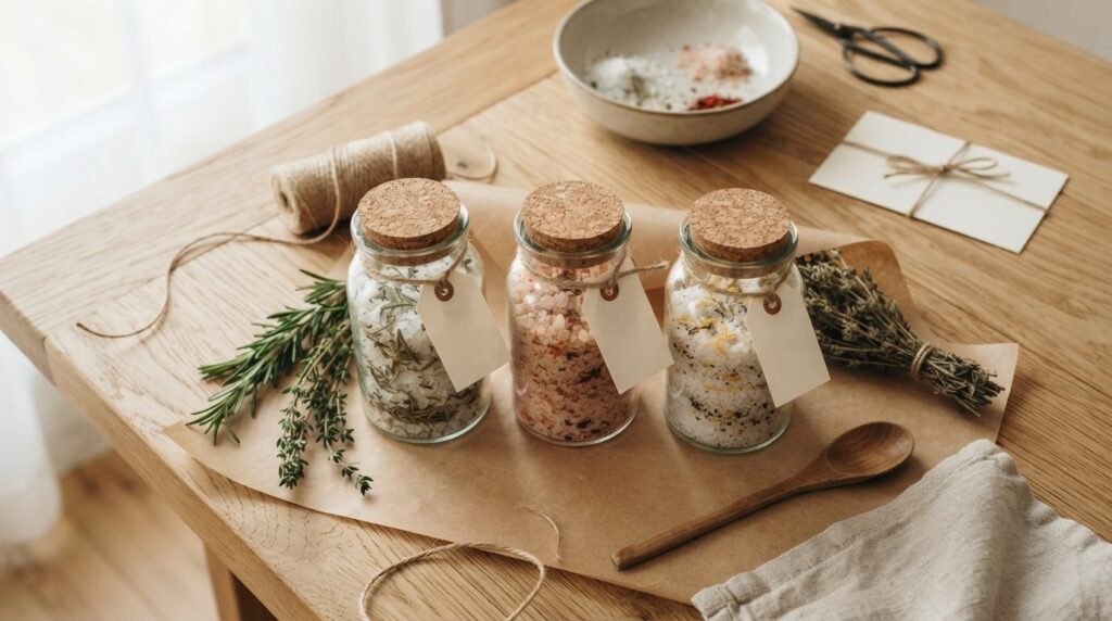 Styled overhead shot of DIY spiced salt gift set with three 