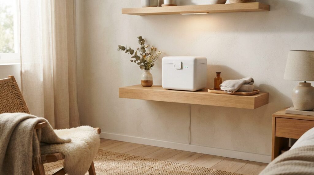 Warm, cozy Scandinavian-style home bathroom or bedroom corne