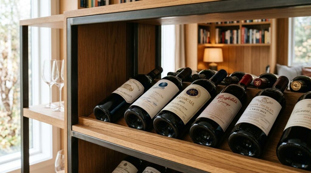Photorealistic close-up of premium red wine bottles stored h