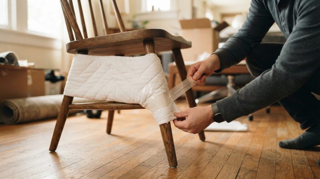 Close-up lifestyle photograph of someone wrapping a wooden c