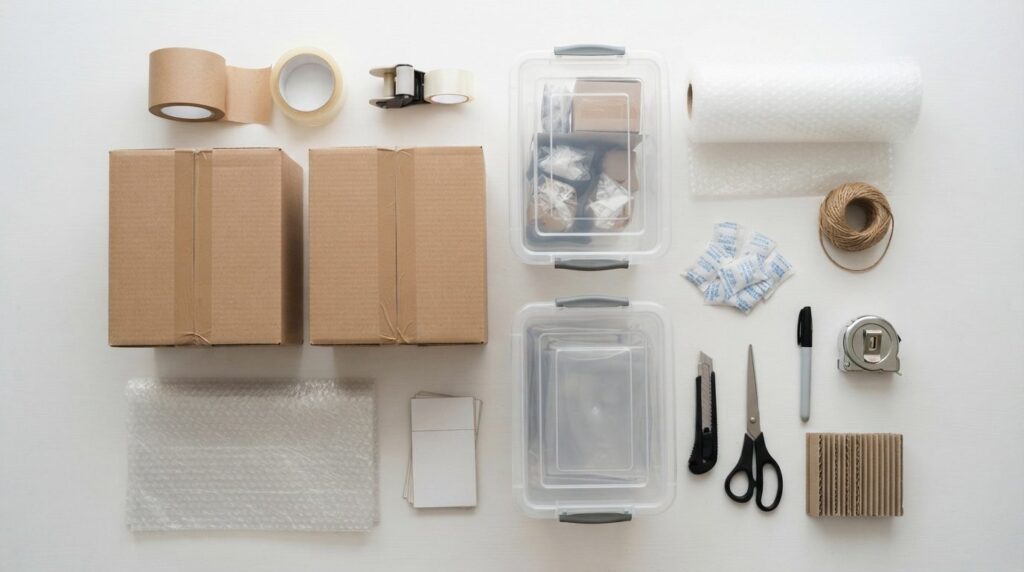 Flat lay overhead shot of various storage solutions arranged