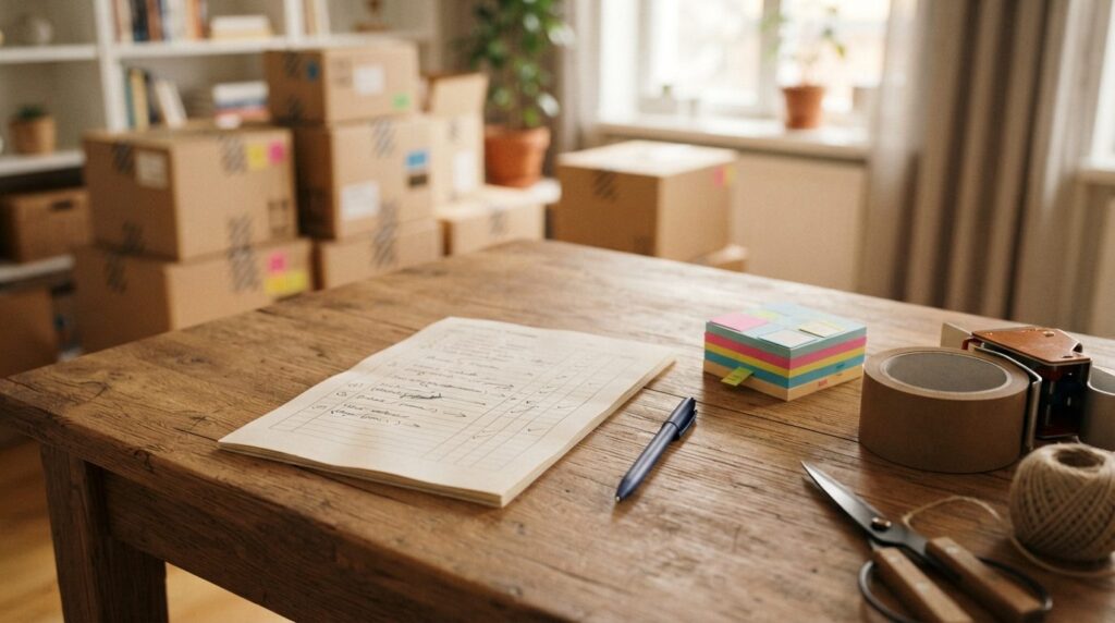 Close-up of a moving day planning setup: A wooden table with