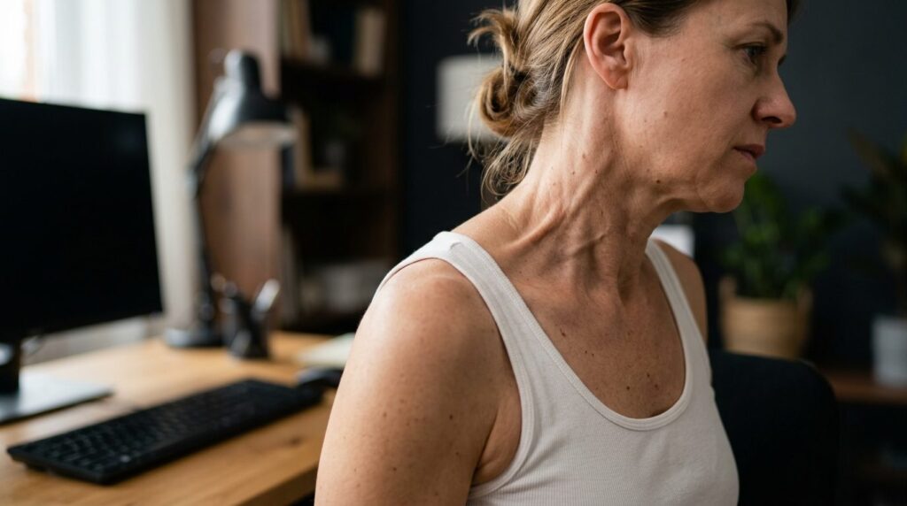 Close-up photograph of a womans neck and shoulder area show