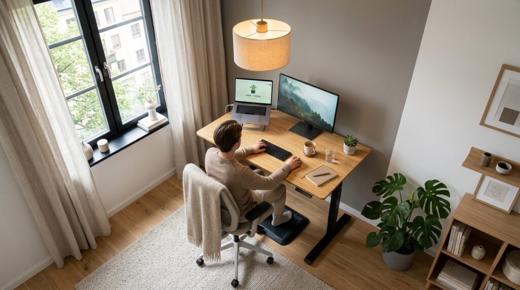 Aerial view of a well-designed home office corner in a brigh