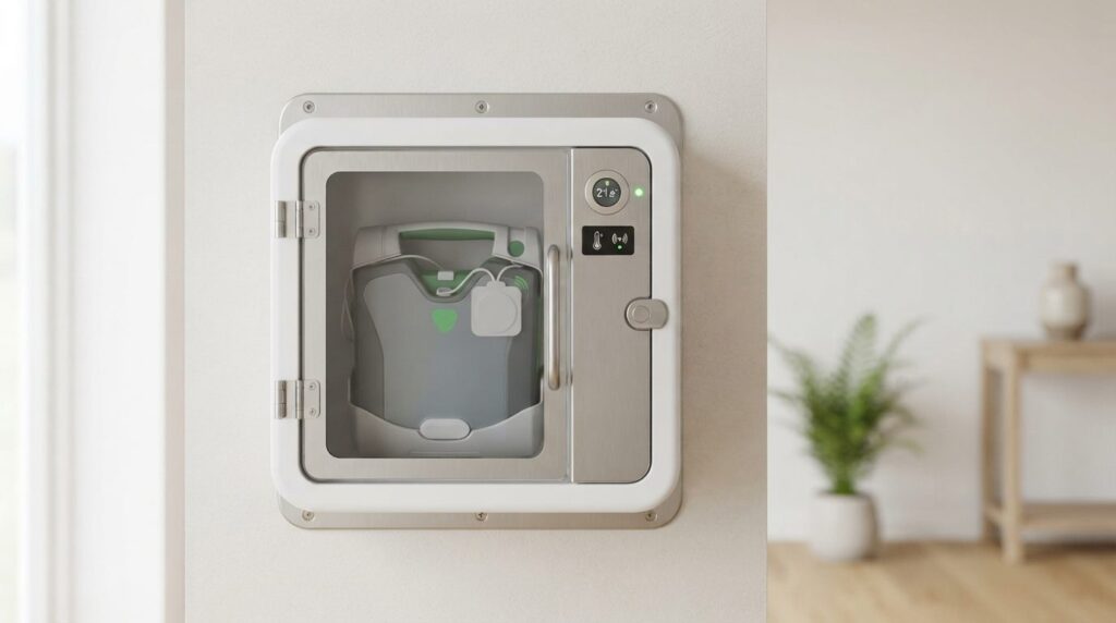 Close-up product photography of a wall-mounted indoor defibr
