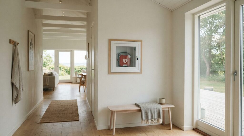 Wide angle photograph of a summer house interior hallway fea