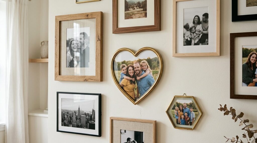 Close-up detail shot of a curated photo wall section display