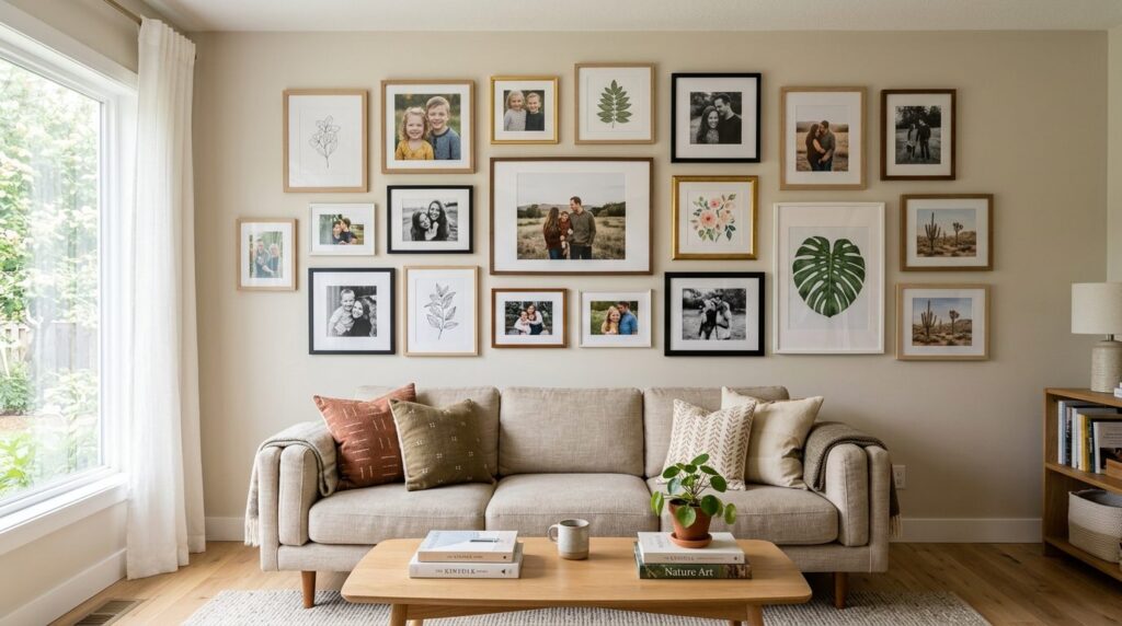 Wide-angle view of a complete gallery wall installation in a