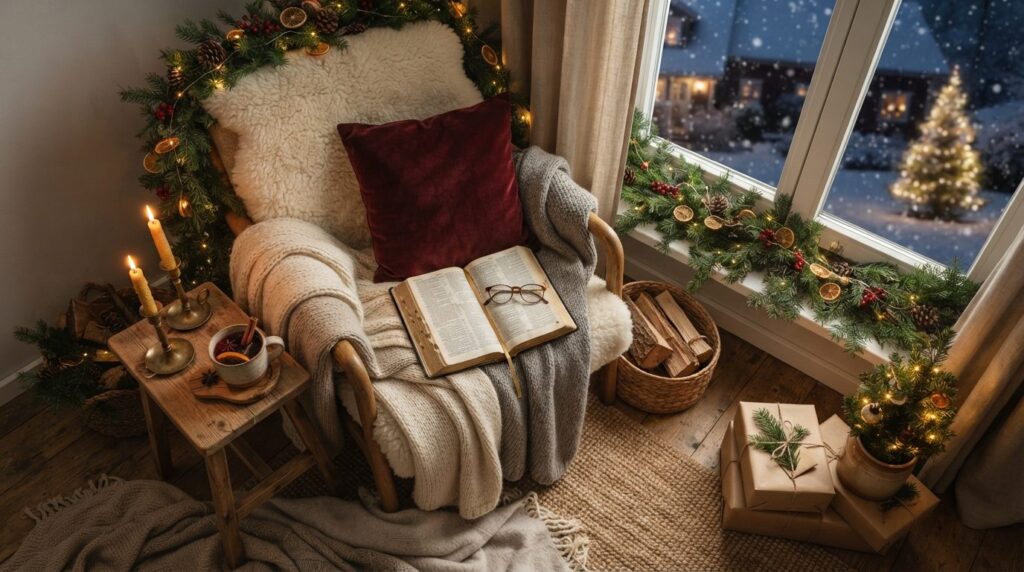 Photorealistic overhead view of Christmas Eve reading corner