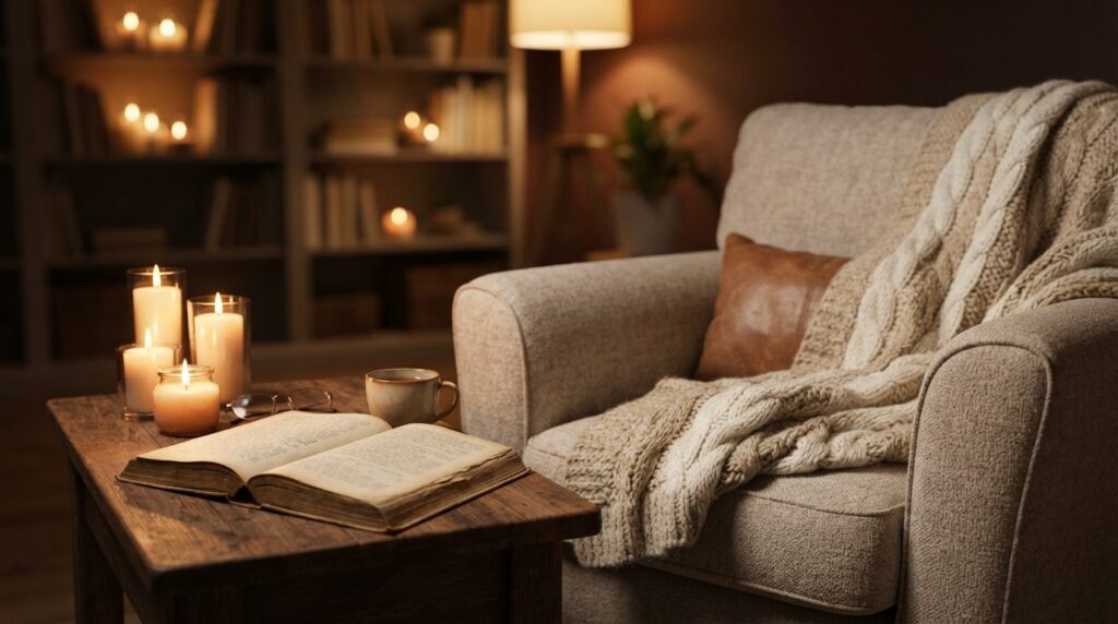 Close-up of cozy living room corner with lit candles, soft t