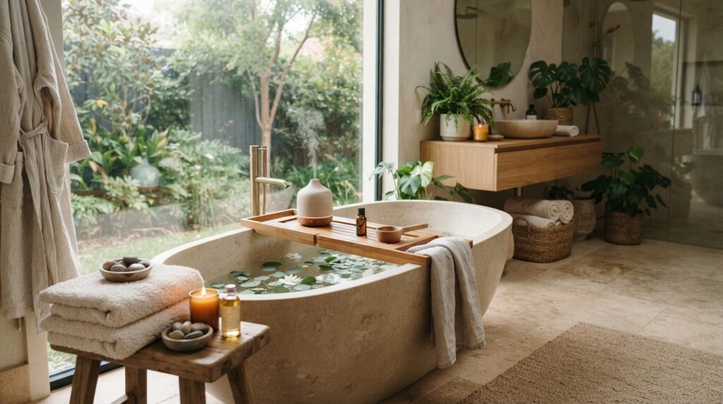 Relaxing bathroom spa setup with natural light, soft towels,
