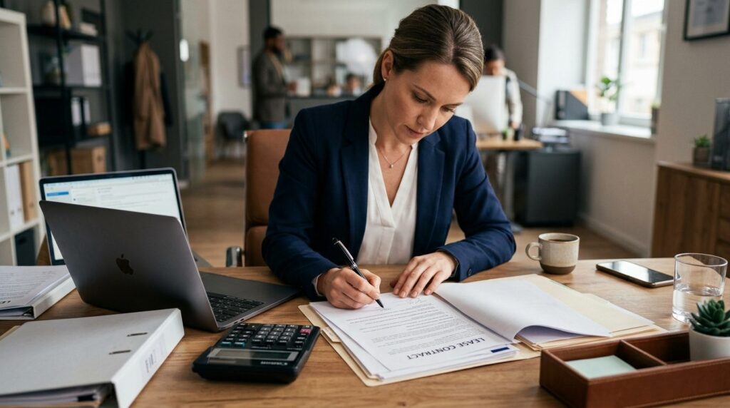 Close-up photograph of a professional woman reviewing docume
