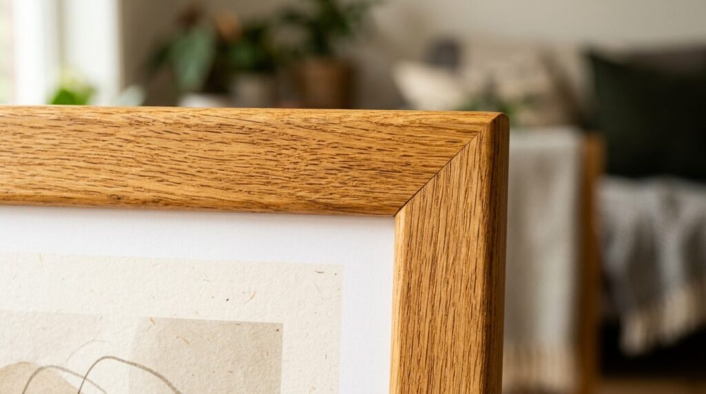 Close-up detail shot of premium oak wood frame corner joint 