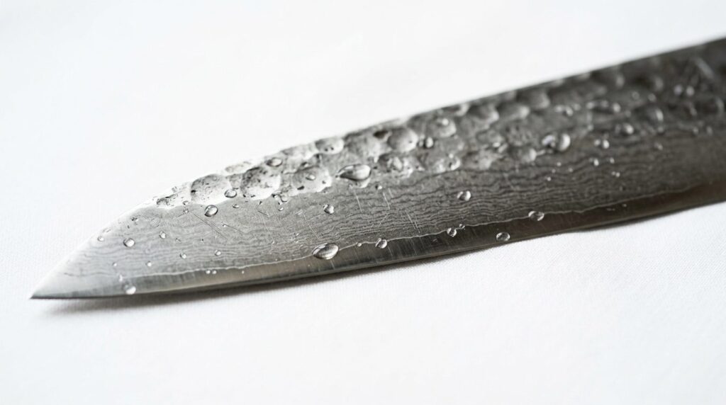 Close-up detail shot of knife blade edge and steel texture,