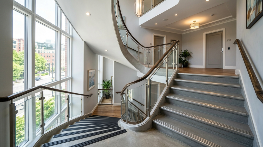 Wide angle shot of elegant apartment building interior stair