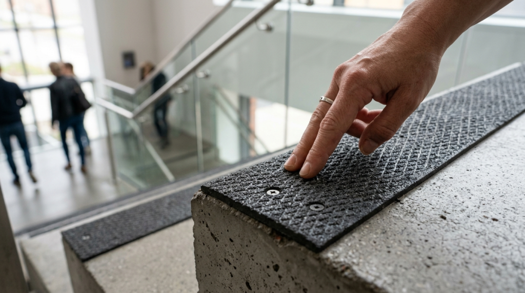 Close-up detail photograph of hand touching anti-slip stair 