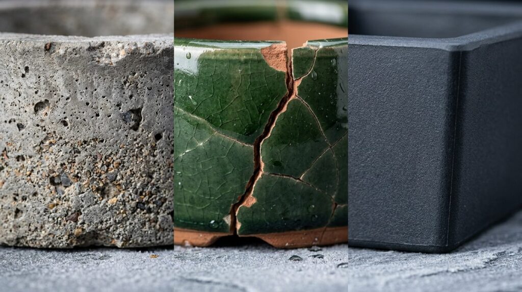 Close-up detail shot of frost-resistant planter materials co