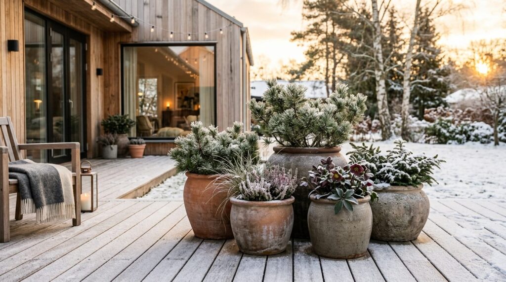 Scandinavian winter garden scene with large ceramic and ston