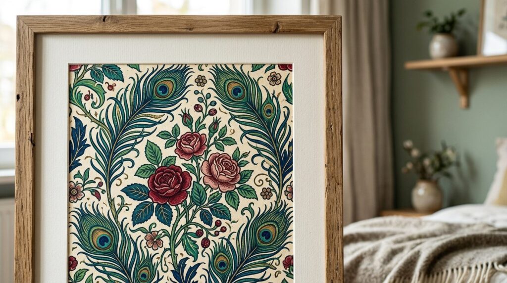 Detaljeret nærbillede af autentisk William Morris-stil botanisk mønster med blomster og blade.