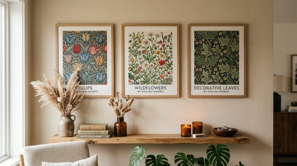 Gallerivæg i moderne hjem med botaniske plakater i William Morris-stil arrangeret på hvid væg.